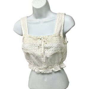 Rebellion White Lace Crop Top Women's Small Boho Eyelet Ruffle Button Front Sz S